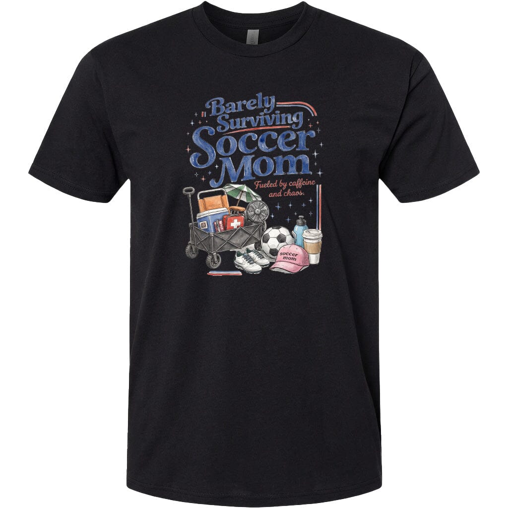 ADULT Barely Surviving Soccer Mom Chest Logo T Shirt | Hoodie | Long Sleeve | Sweatshirt | Crew Neck | Tank Top Fiesta Doodle T Shirt XS Black waterproof vinyl sticker. dishwasher safe outdoor sticker.