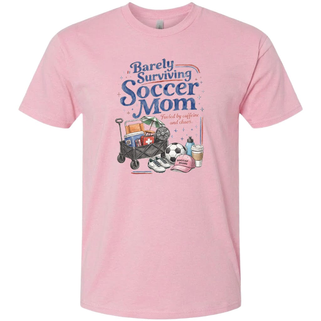 ADULT Barely Surviving Soccer Mom Chest Logo T Shirt | Hoodie | Long Sleeve | Sweatshirt | Crew Neck | Tank Top Fiesta Doodle T Shirt XS Light Pink waterproof vinyl sticker. dishwasher safe outdoor sticker.