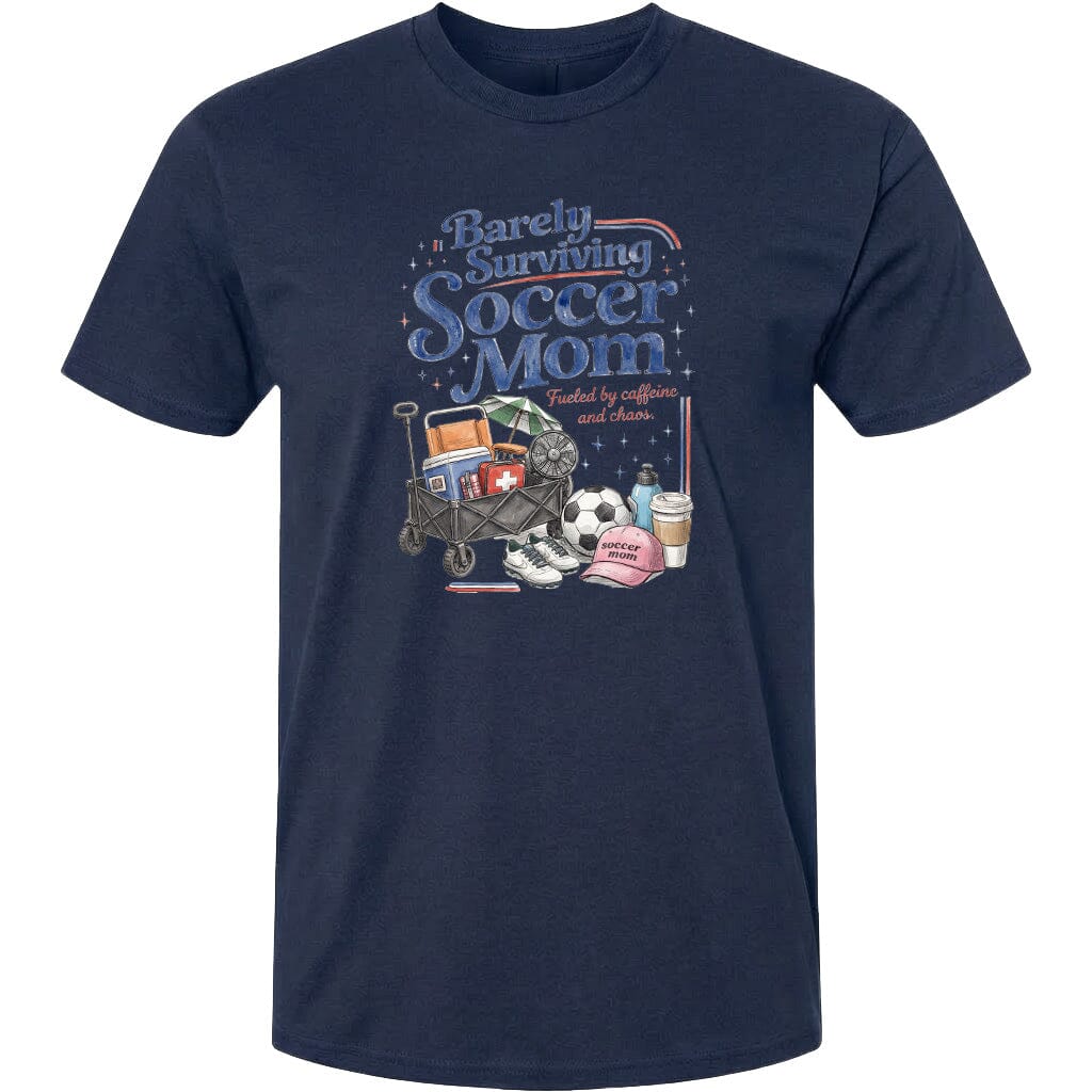 ADULT Barely Surviving Soccer Mom Chest Logo T Shirt | Hoodie | Long Sleeve | Sweatshirt | Crew Neck | Tank Top Fiesta Doodle T Shirt XS Navy waterproof vinyl sticker. dishwasher safe outdoor sticker.