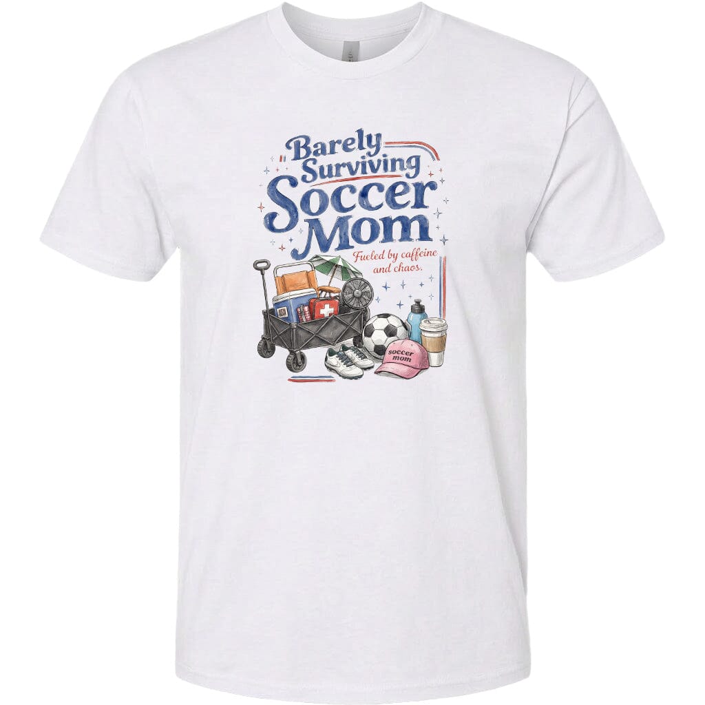 ADULT Barely Surviving Soccer Mom Chest Logo T Shirt | Hoodie | Long Sleeve | Sweatshirt | Crew Neck | Tank Top Fiesta Doodle T Shirt XS White waterproof vinyl sticker. dishwasher safe outdoor sticker.