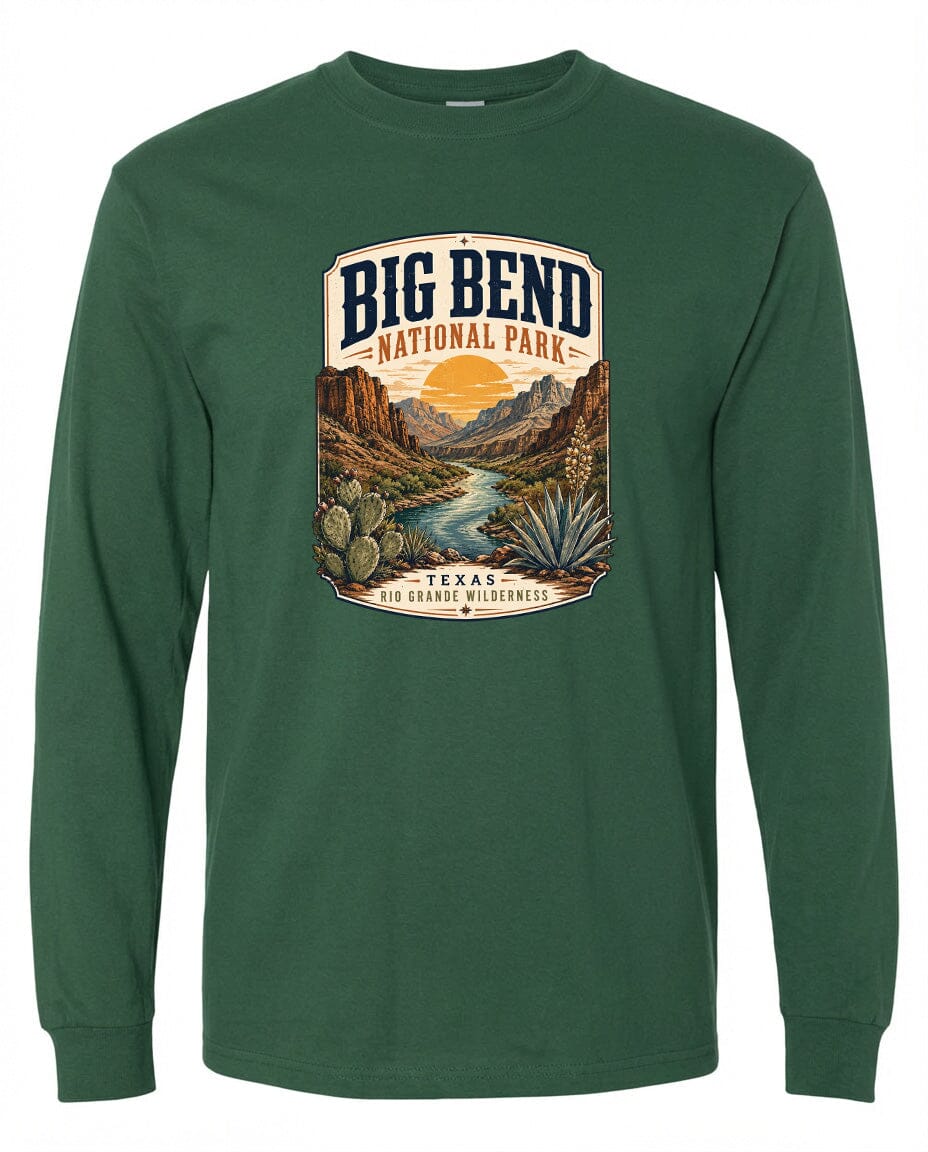 ADULT Big Bend National Park Badge Chest Logo T Shirt | Hoodie | Long Sleeve | Sweatshirt | Crew Neck | Tank Top 1 Fiesta Doodle waterproof vinyl sticker. dishwasher safe outdoor sticker.