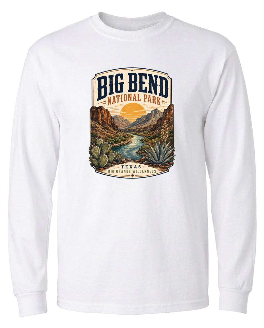 ADULT Big Bend National Park Badge Chest Logo T Shirt | Hoodie | Long Sleeve | Sweatshirt | Crew Neck | Tank Top 1 Fiesta Doodle waterproof vinyl sticker. dishwasher safe outdoor sticker.