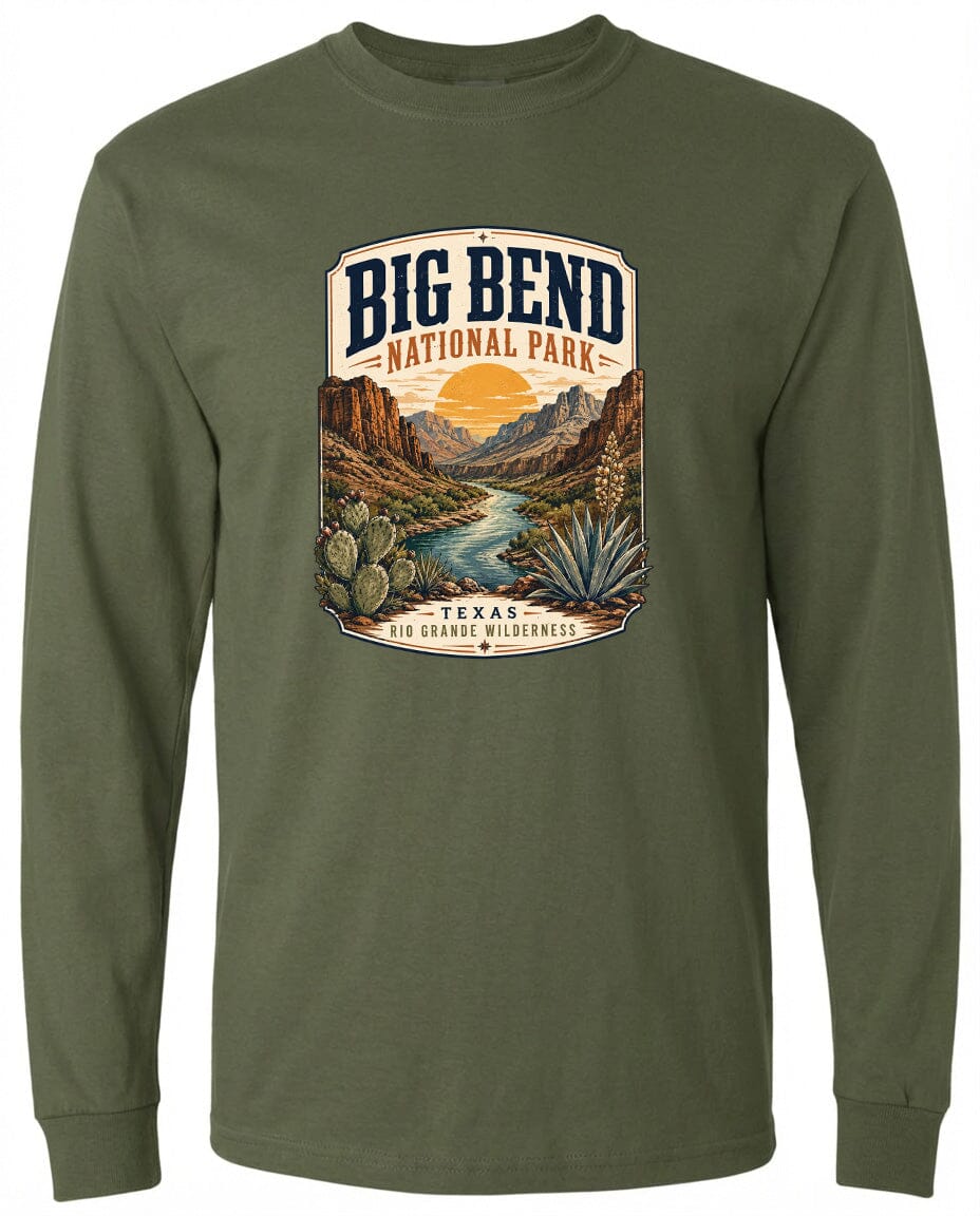 ADULT Big Bend National Park Badge Chest Logo T Shirt | Hoodie | Long Sleeve | Sweatshirt | Crew Neck | Tank Top 1 Fiesta Doodle waterproof vinyl sticker. dishwasher safe outdoor sticker.