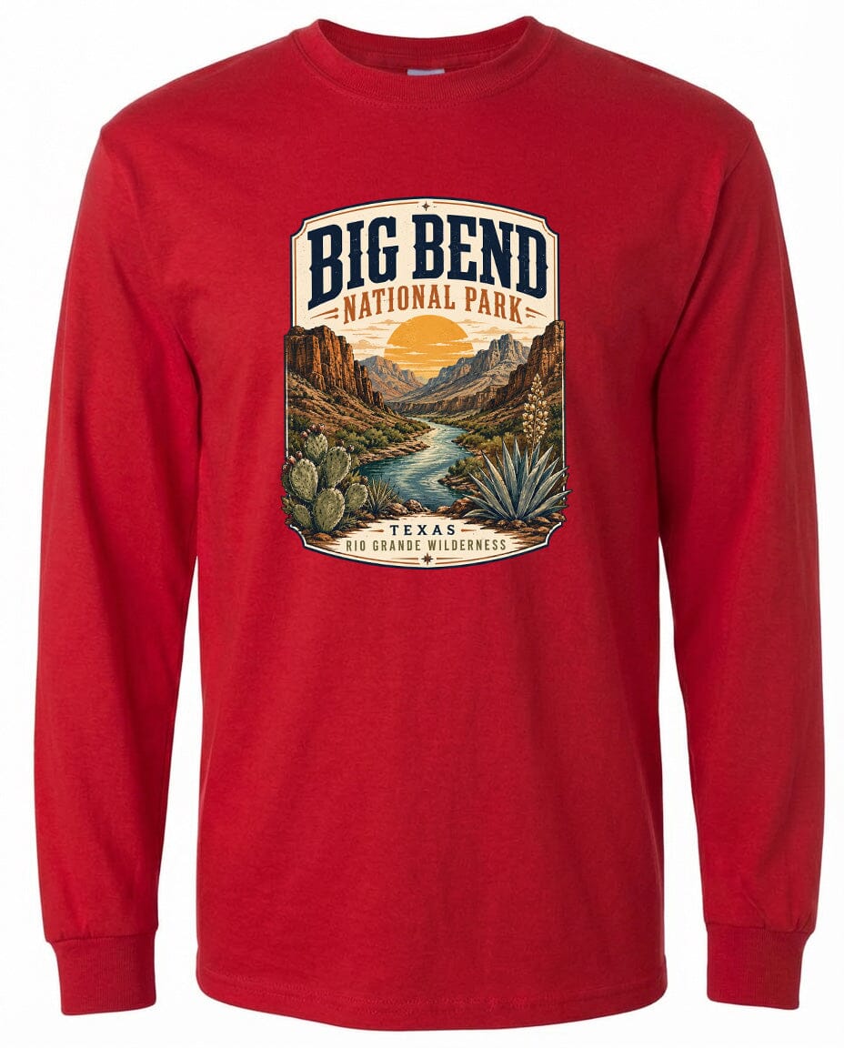 ADULT Big Bend National Park Badge Chest Logo T Shirt | Hoodie | Long Sleeve | Sweatshirt | Crew Neck | Tank Top 1 Fiesta Doodle waterproof vinyl sticker. dishwasher safe outdoor sticker.