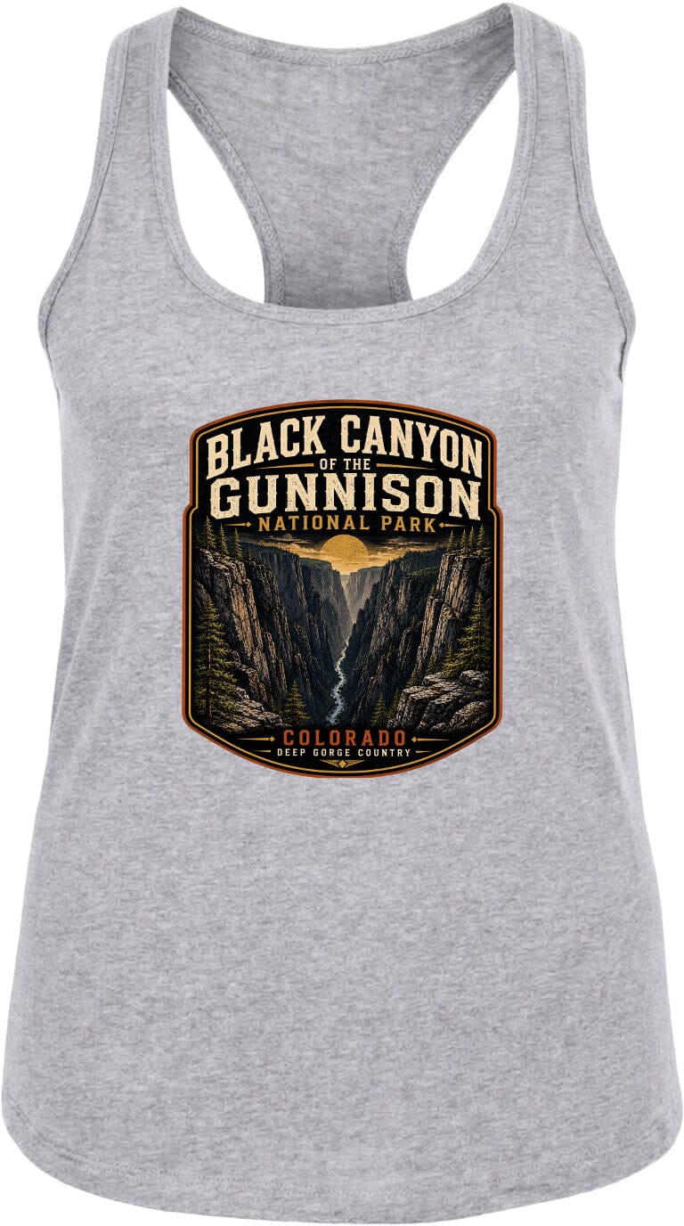 A gray tank top with a graphic design depicting the Black Canyon of the Gunnison National Park in Colorado.