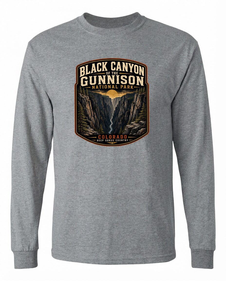 A gray long-sleeved t-shirt with a graphic design depicting the Black Canyon of the Gunnison National Park in Colorado.