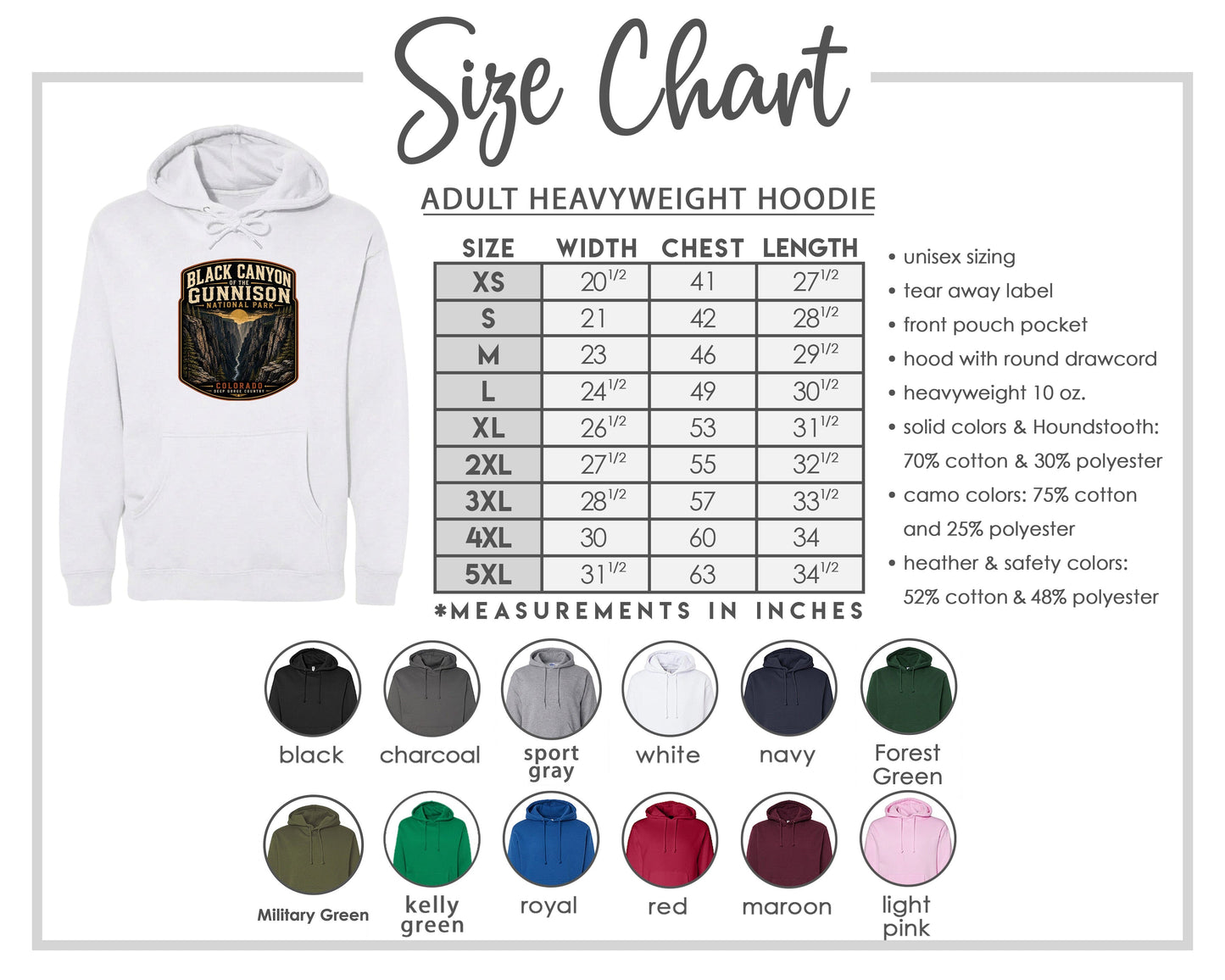 The image is a size chart for an adult heavyweight hoodie, including various color options and measurements in inches.