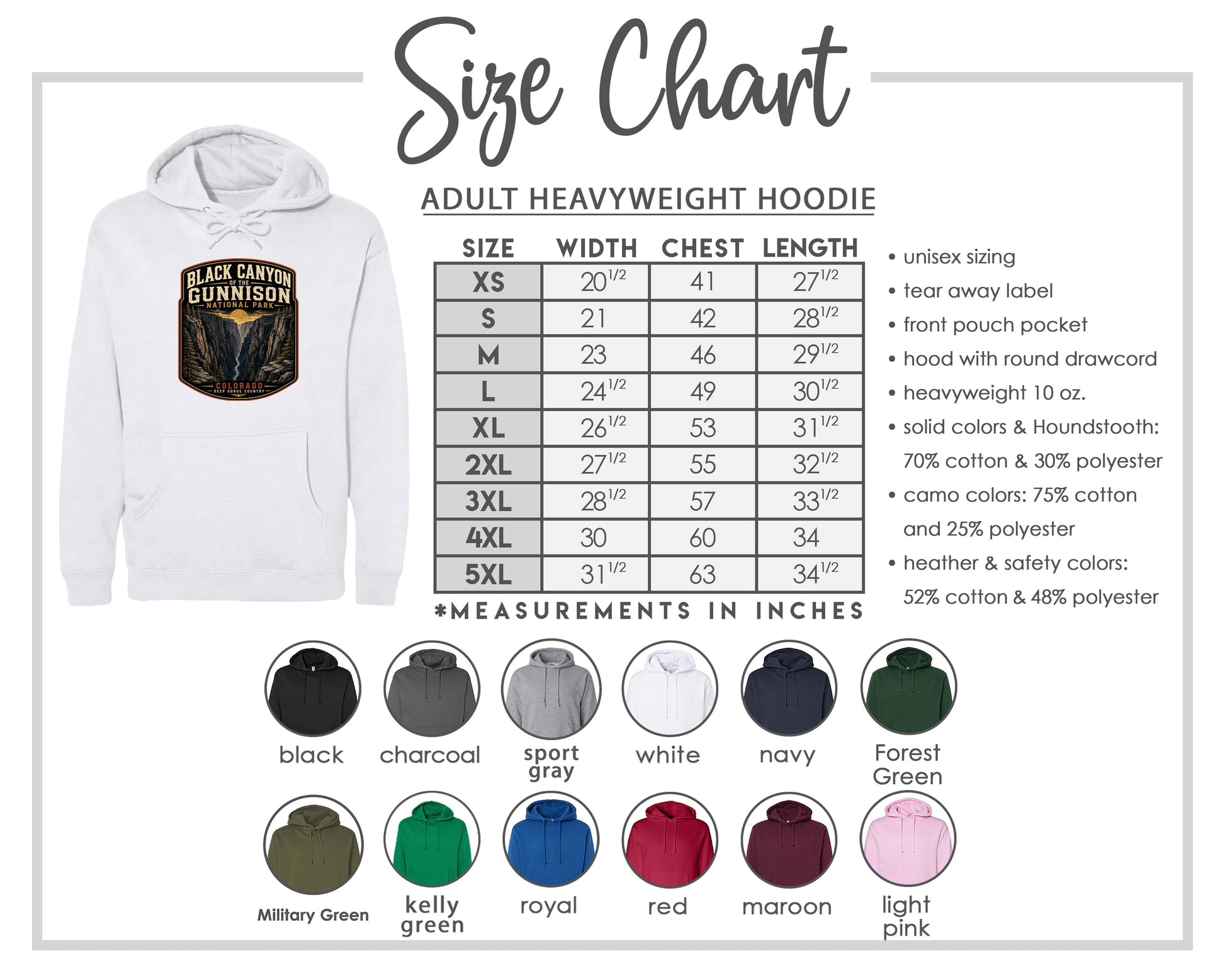 The image is a size chart for an adult heavyweight hoodie, including various color options and measurements in inches.