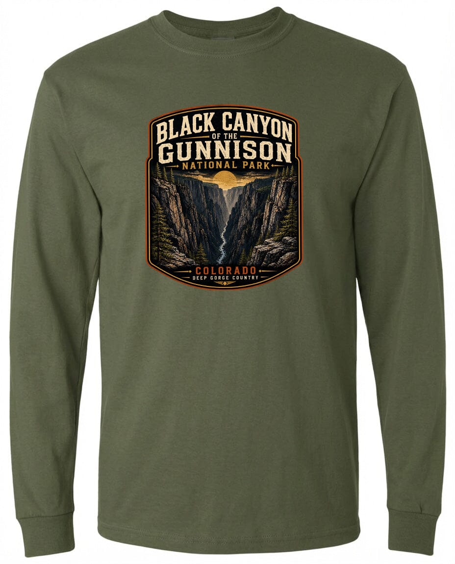 A long-sleeved green t-shirt with a graphic design depicting the Black Canyon of the Gunnison National Park in Colorado.