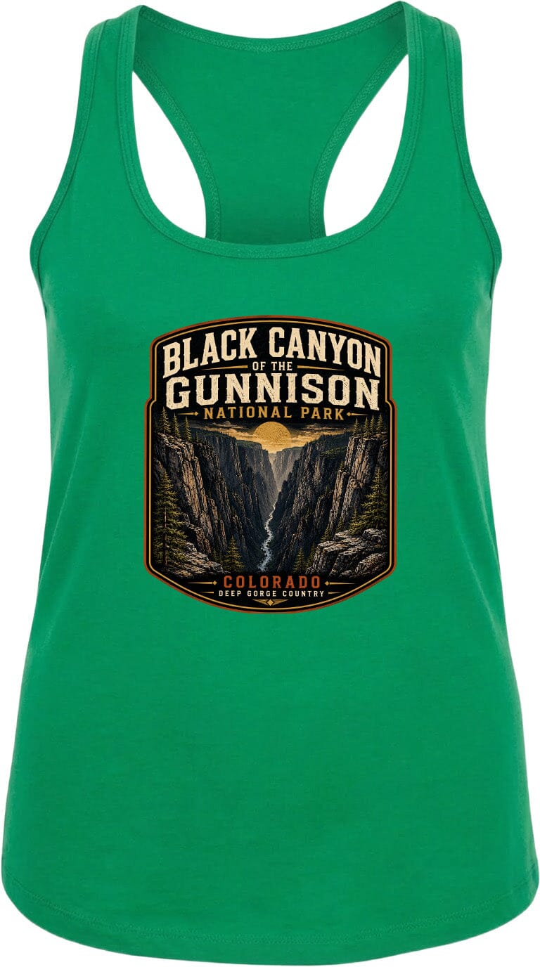 A green tank top with a graphic design depicting the Black Canyon of the Gunnison National Park in Colorado.