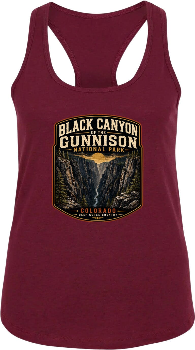 A maroon tank top with a graphic design depicting the Black Canyon of the Gunnison National Park in Colorado.