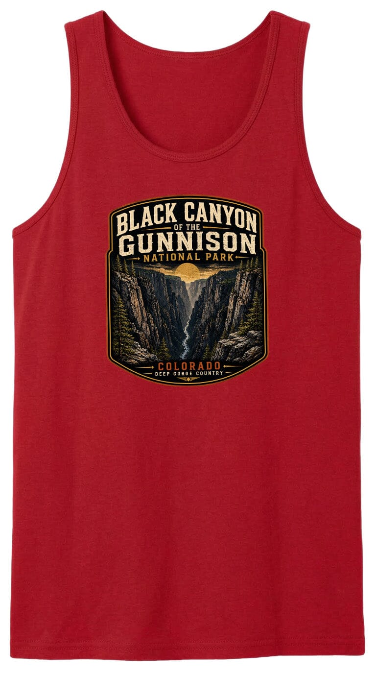A red tank top with a graphic design depicting the Black Canyon of the Gunnison National Park in Colorado.