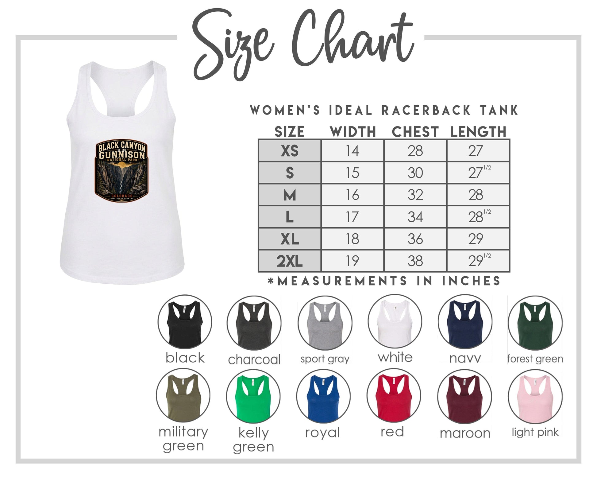 The image is a size chart for a women's ideal racerback tank, including a white tank with a graphic and a table with size and color options.