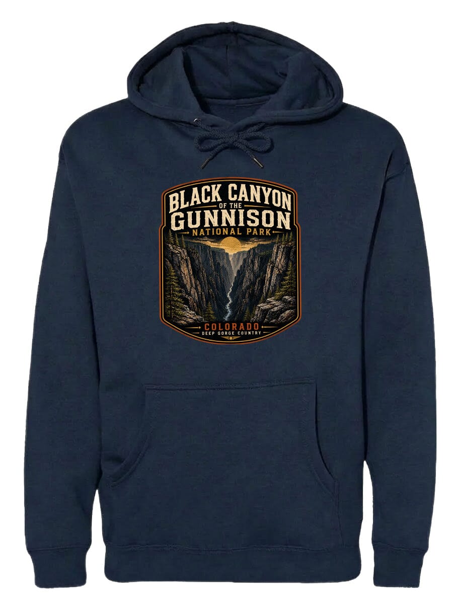 A navy blue hoodie with a graphic design depicting the Black Canyon of the Gunnison National Park in Colorado.