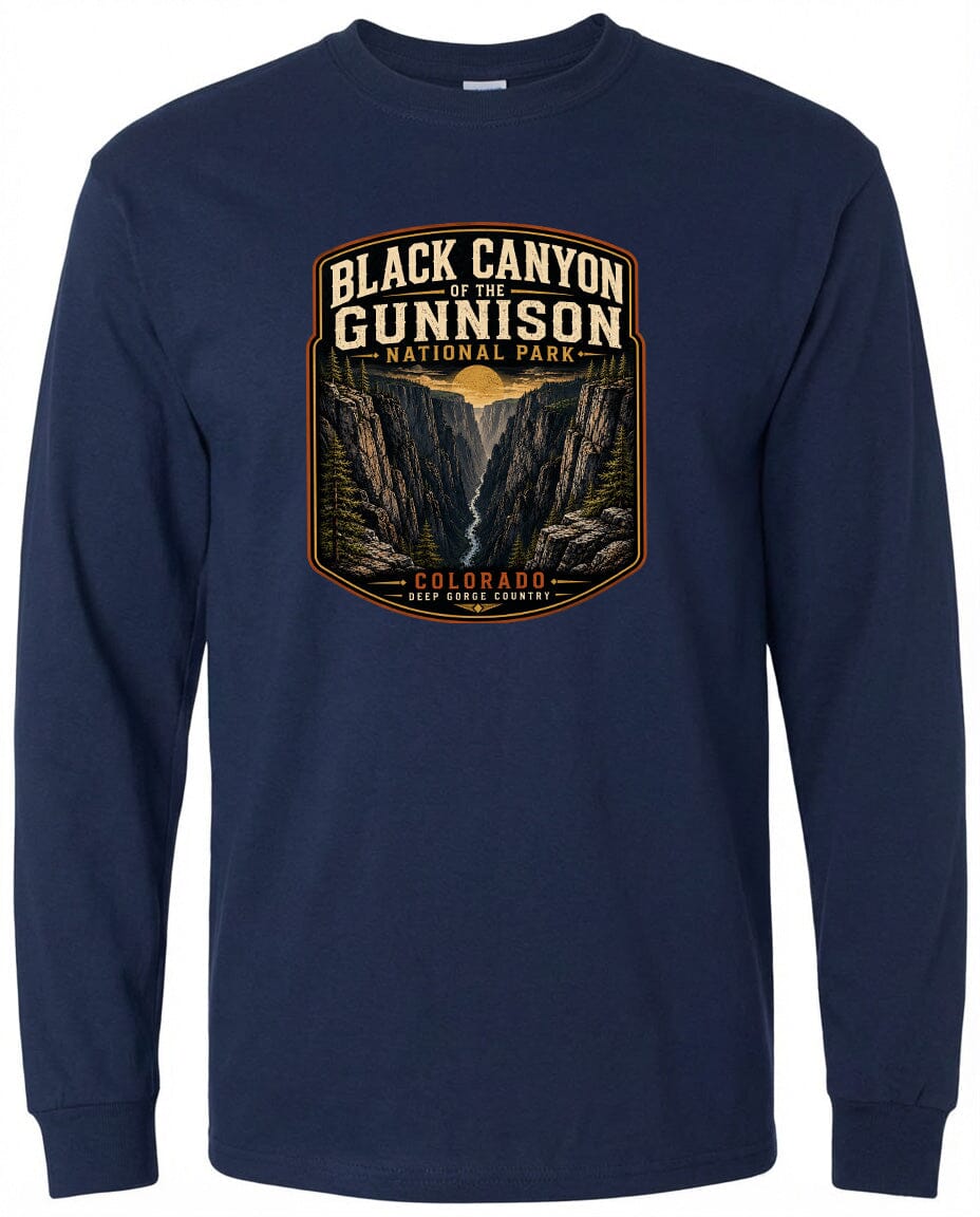 A navy blue long-sleeved t-shirt with a graphic design depicting the Black Canyon of the Gunnison National Park in Colorado.