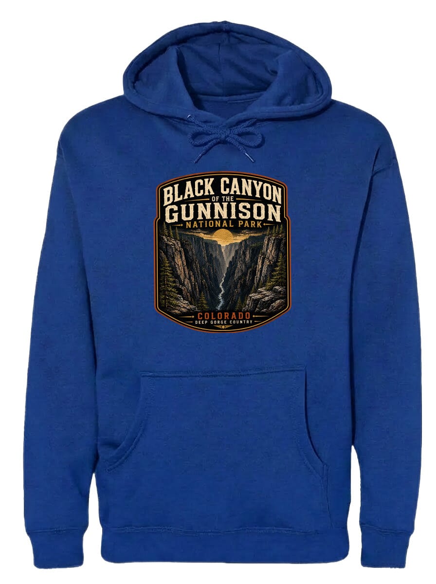 A blue hoodie with a graphic design depicting the Black Canyon of the Gunnison National Park in Colorado.