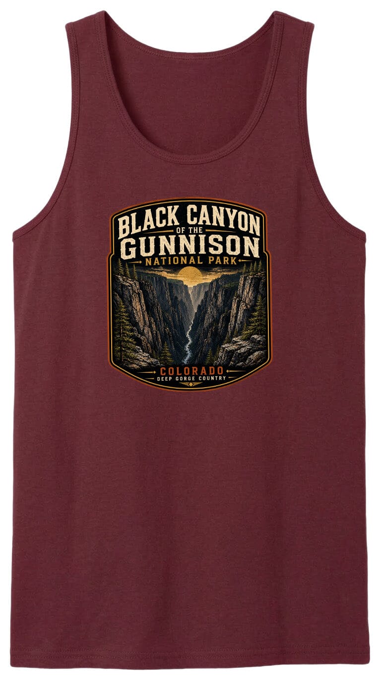 A red tank top with a graphic design depicting the Black Canyon of the Gunnison National Park in Colorado.