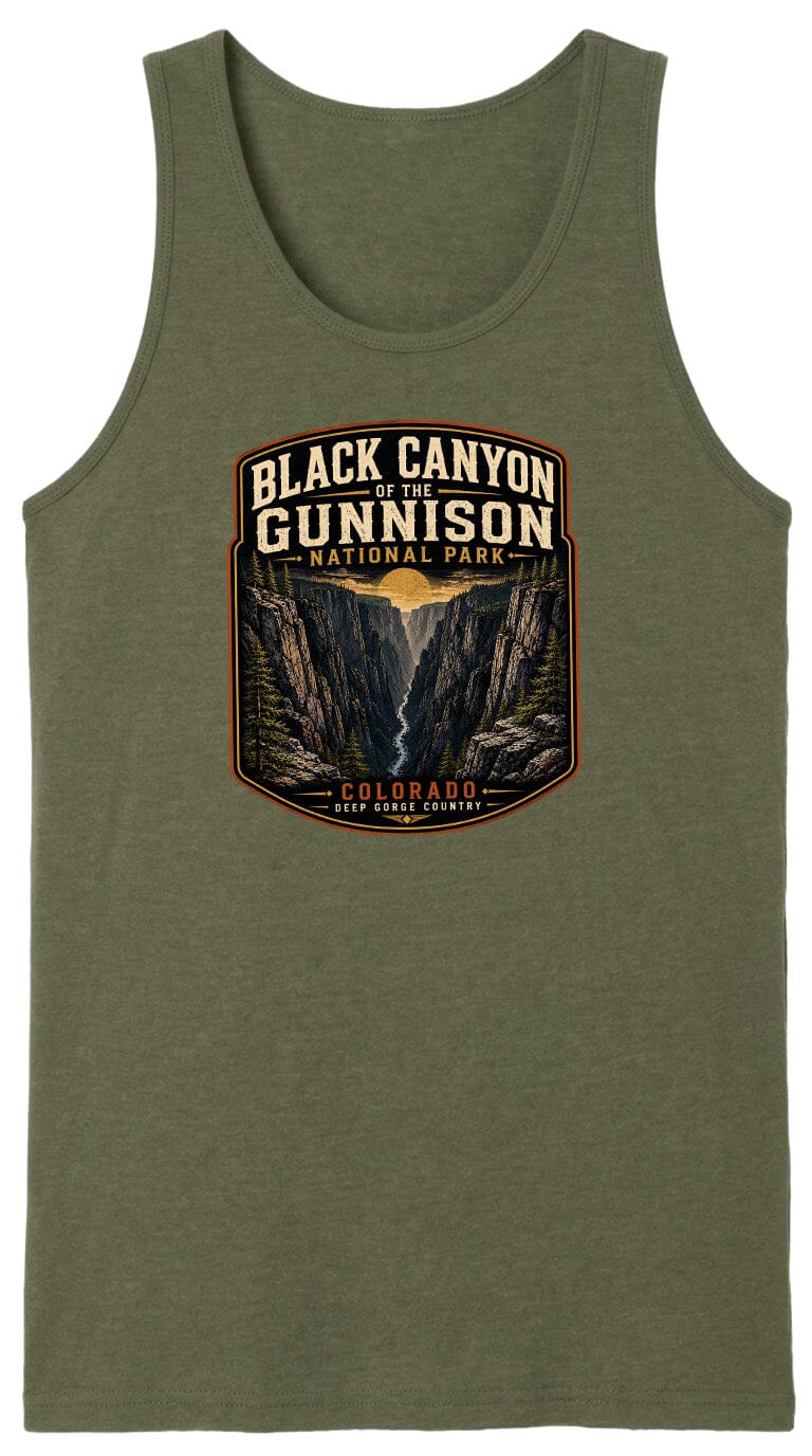 A green tank top with a graphic design depicting the Black Canyon of the Gunnison National Park in Colorado.