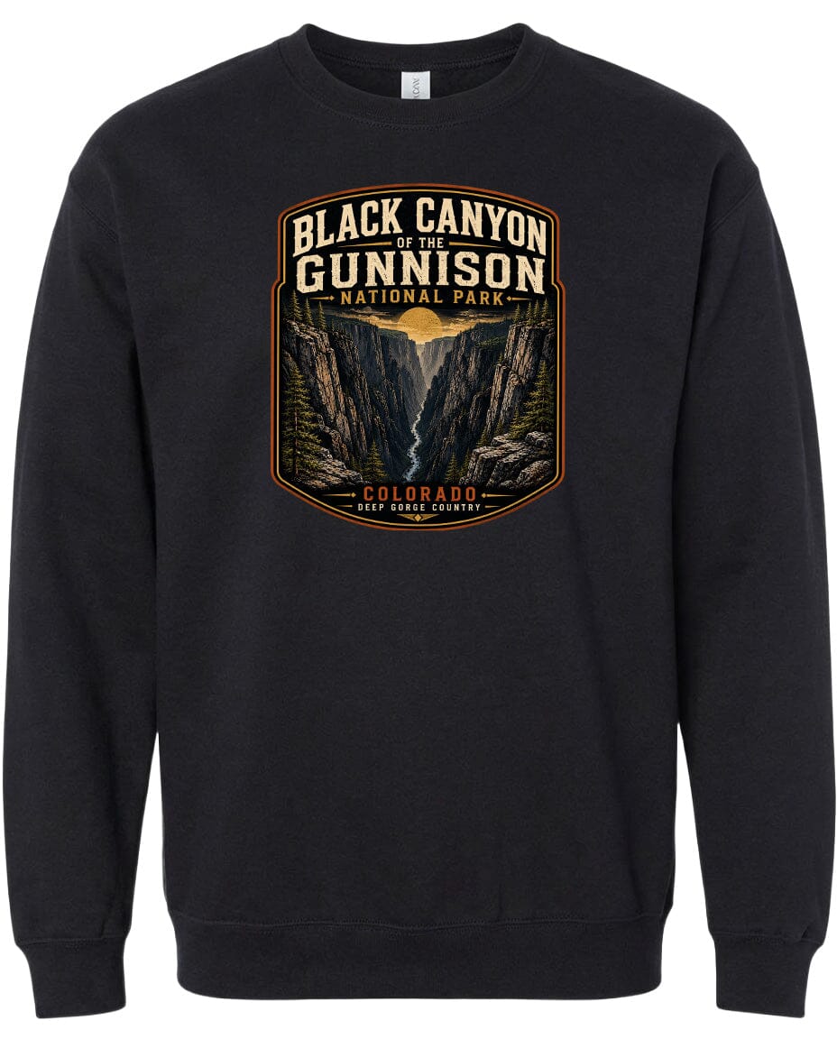 A black sweatshirt with a graphic design depicting the Black Canyon of the Gunnison National Park in Colorado.