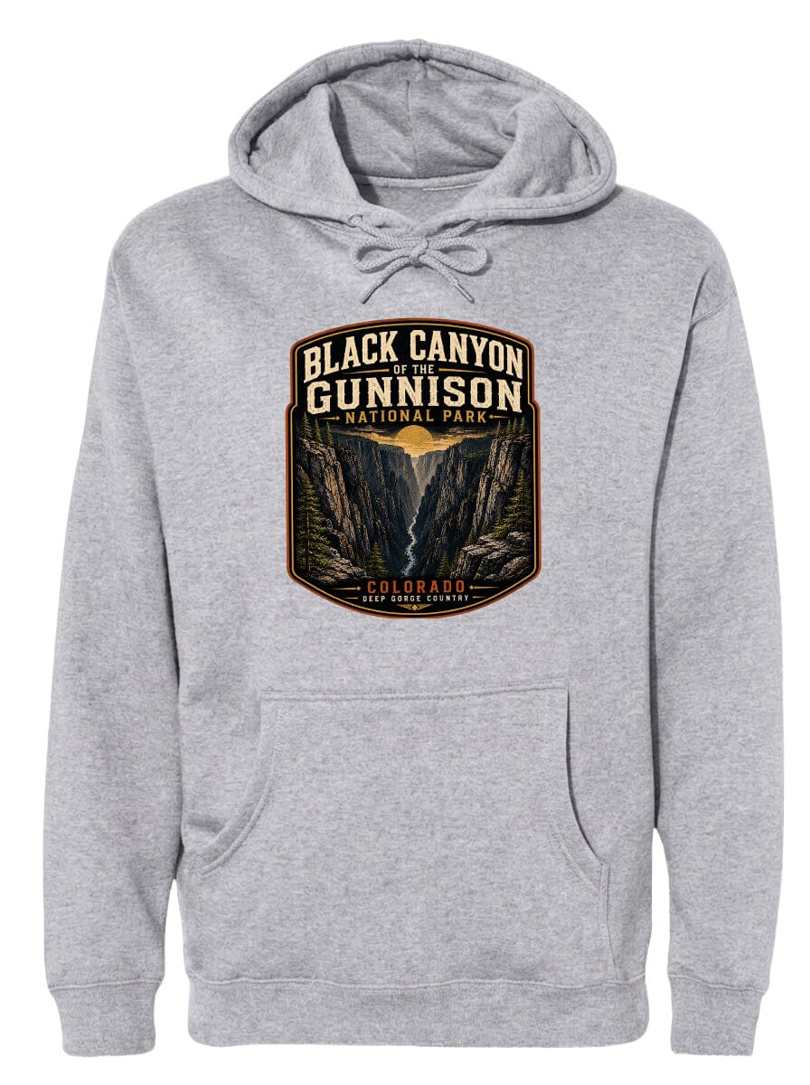 A gray hoodie with a graphic design depicting the Black Canyon of the Gunnison National Park in Colorado.