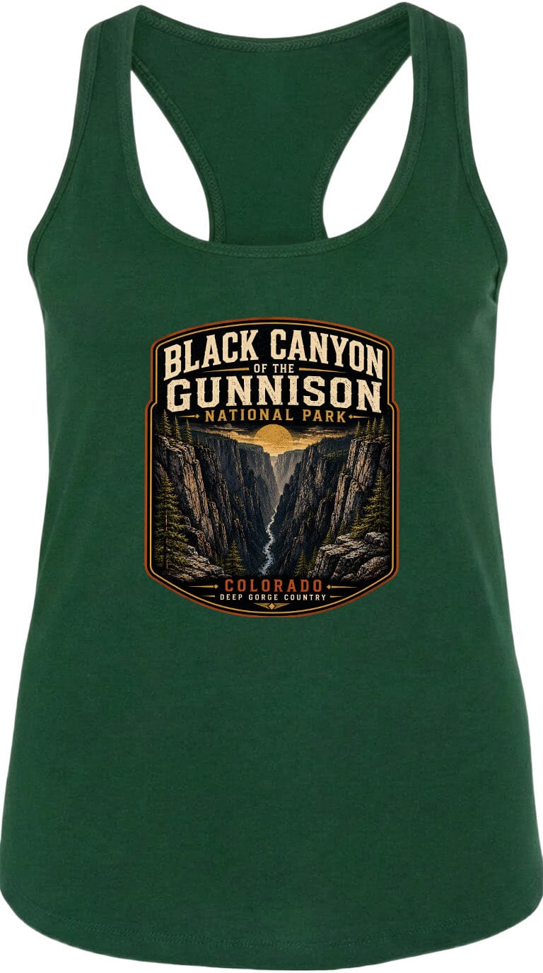 A green tank top with a graphic design depicting the Black Canyon of the Gunnison National Park in Colorado.
