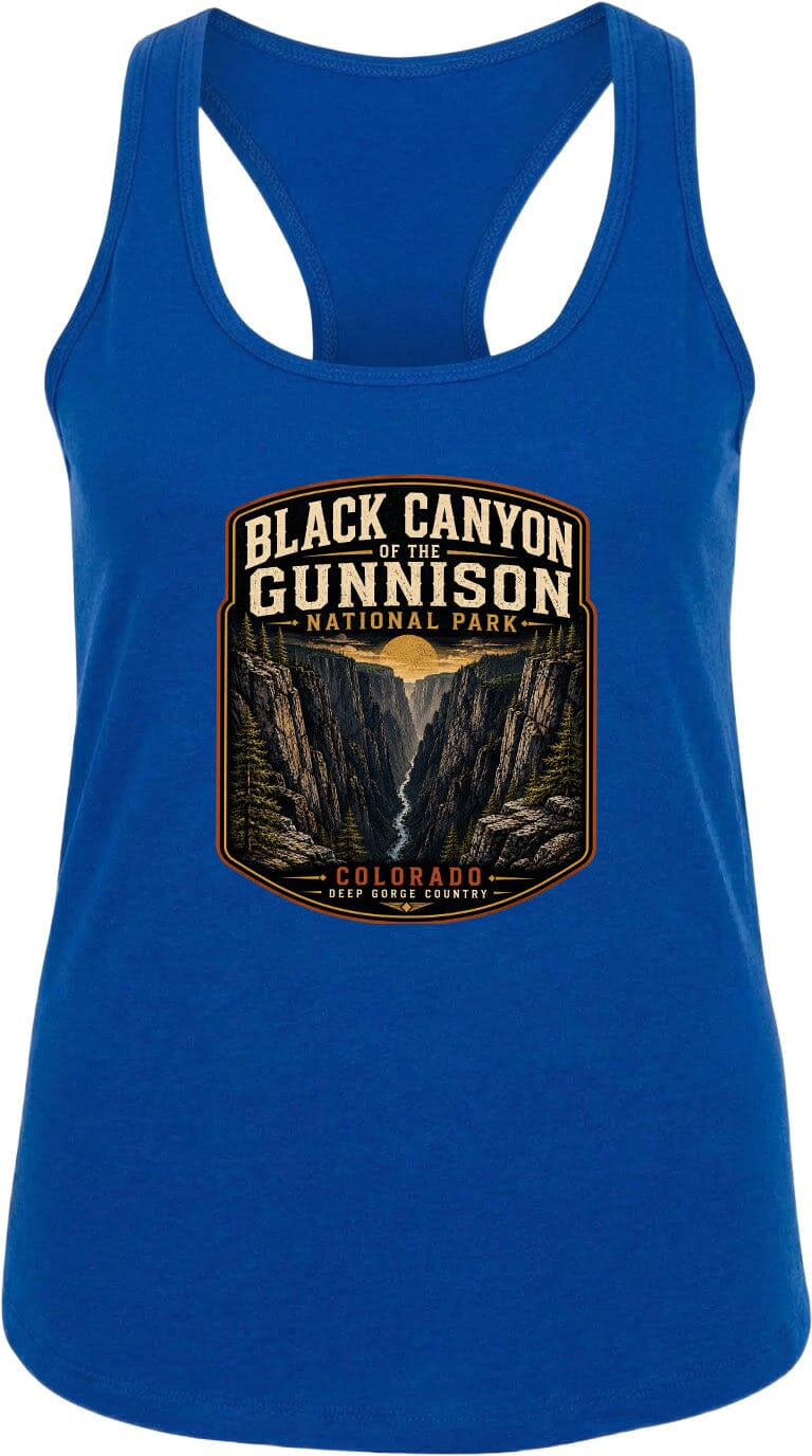 A blue tank top with a graphic design depicting the Black Canyon of the Gunnison National Park in Colorado.