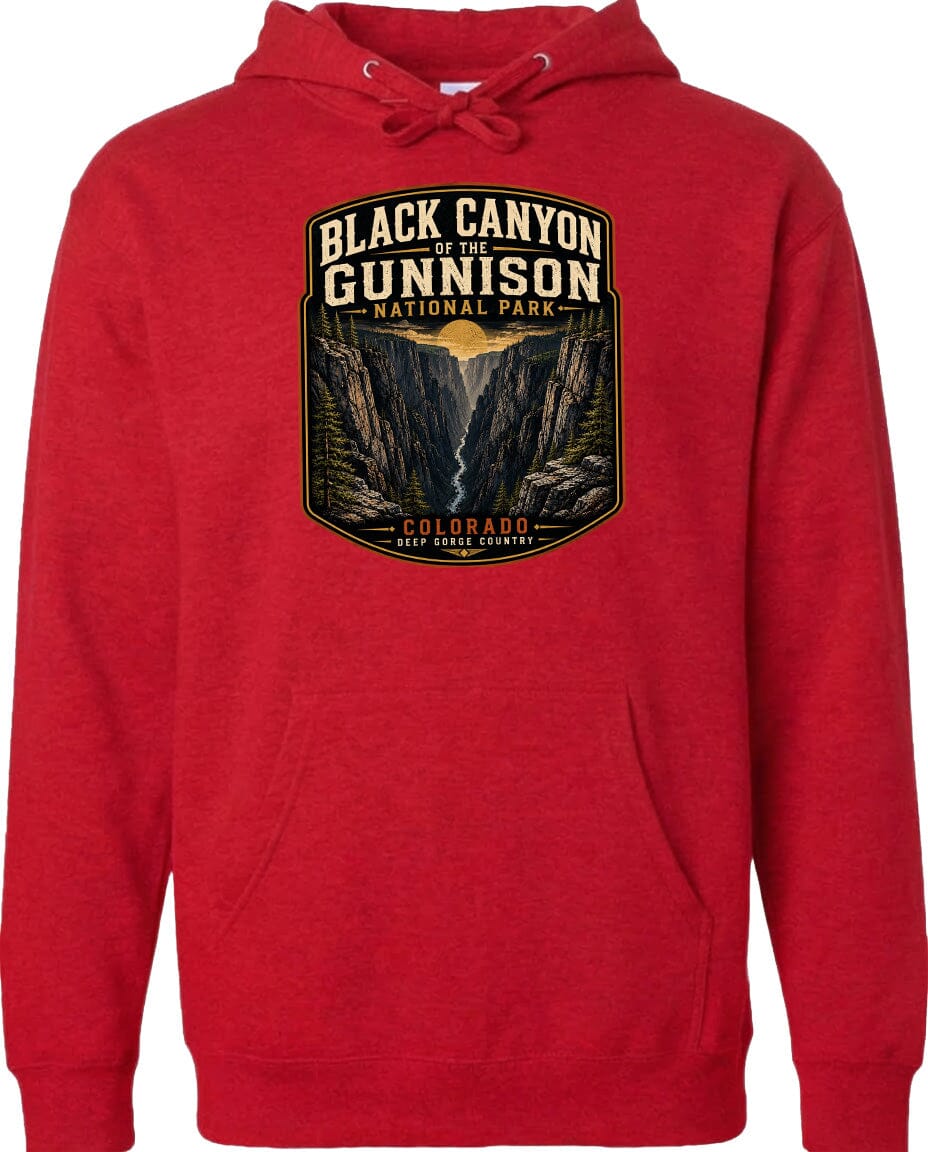 A red hoodie with a graphic design depicting the Black Canyon of the Gunnison National Park in Colorado.