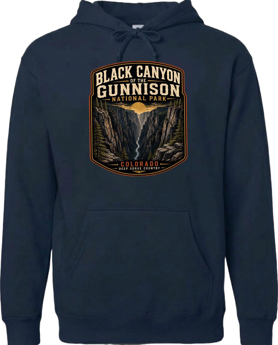 A hoodie with a graphic design depicting the Black Canyon of the Gunnison National Park in Colorado.