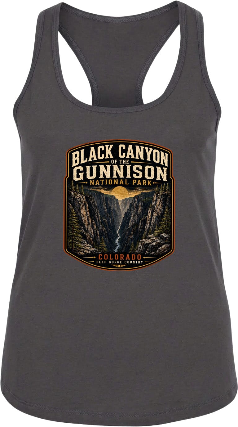 A gray tank top with a graphic design depicting the Black Canyon of the Gunnison National Park in Colorado.