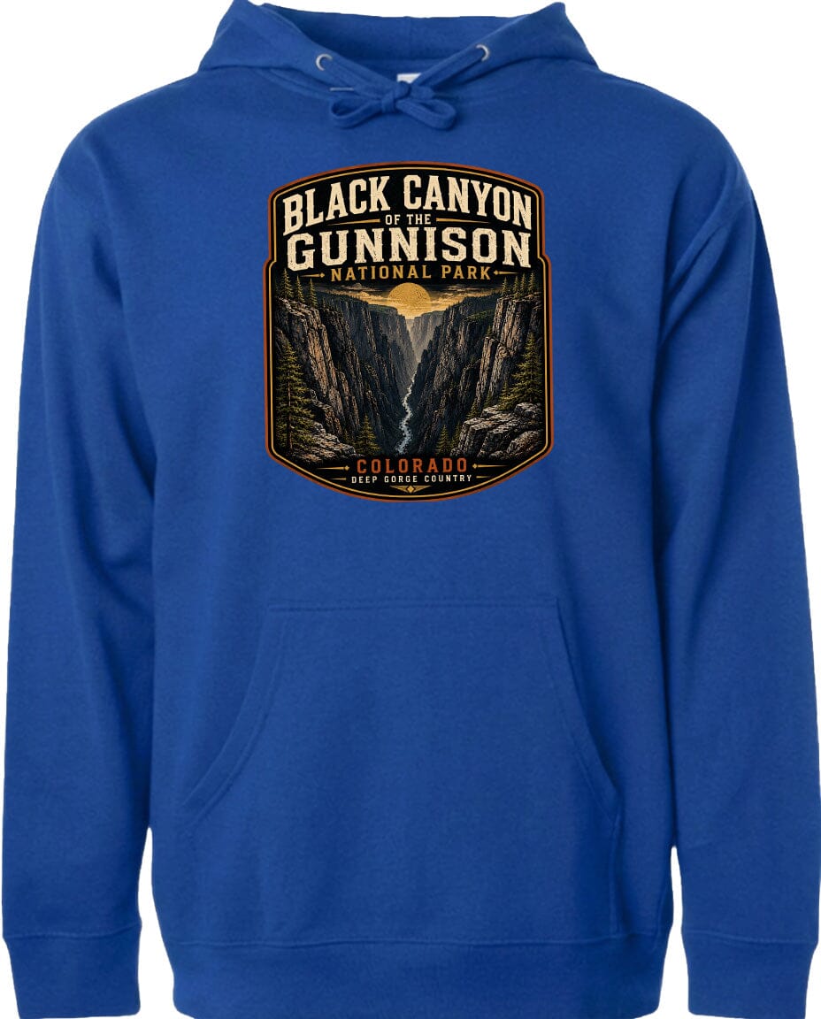 A blue hoodie with a graphic design depicting the Black Canyon of the Gunnison National Park in Colorado.