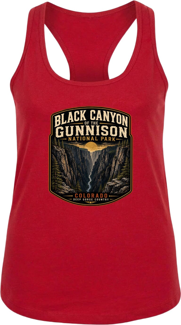 A red tank top with a graphic design depicting the Black Canyon of the Gunnison National Park in Colorado.