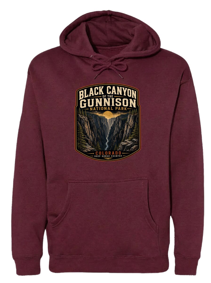 A burgundy hoodie with a graphic design depicting the Black Canyon of the Gunnison National Park in Colorado.