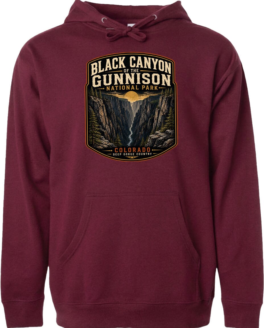 A maroon hoodie with a graphic design depicting the Black Canyon of the Gunnison National Park in Colorado.
