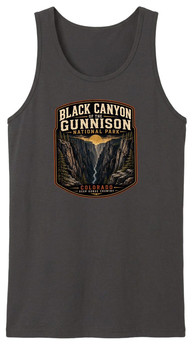 A gray tank top with a graphic design depicting the Black Canyon of the Gunnison National Park in Colorado.