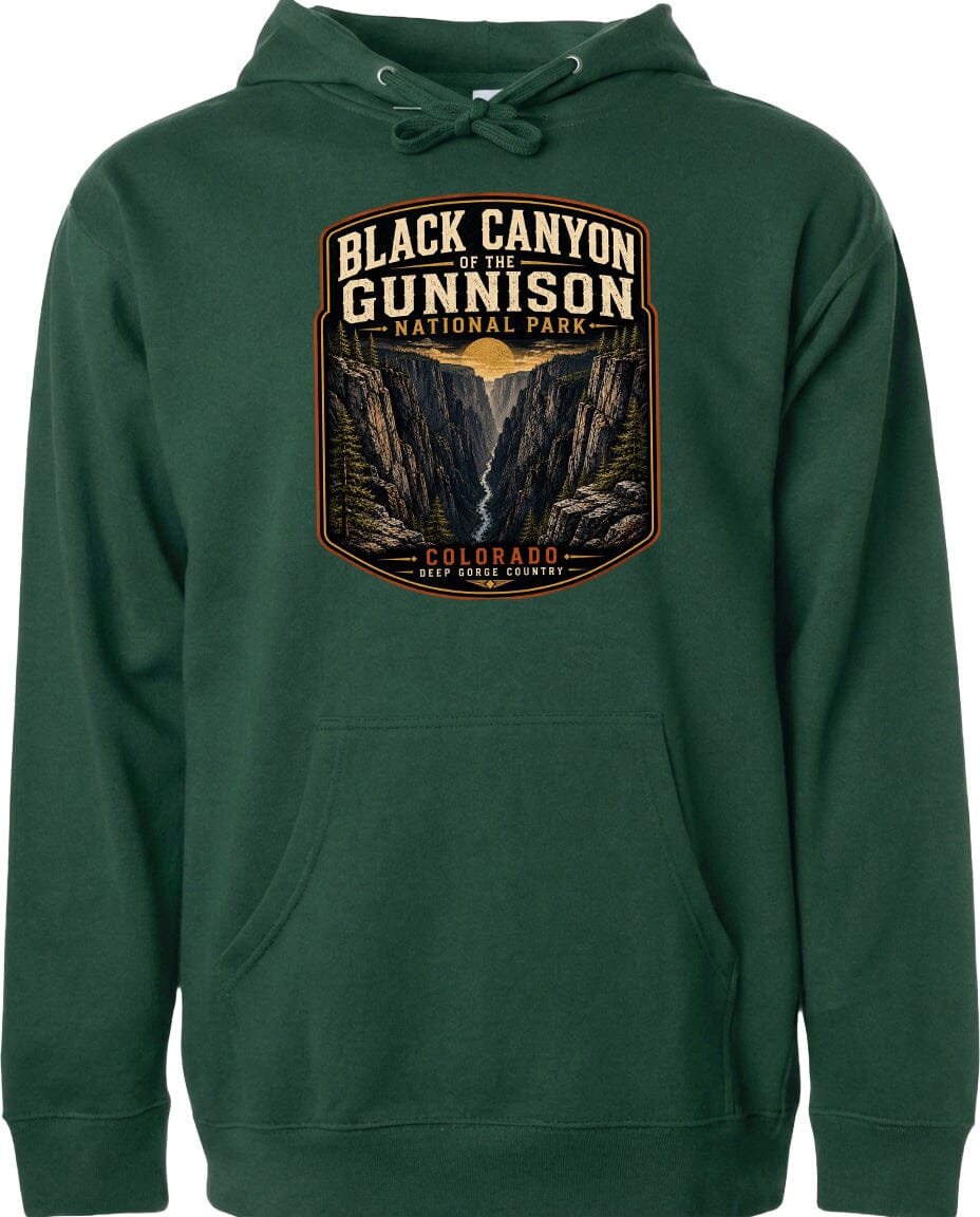 A green hoodie with a graphic design depicting the Black Canyon of the Gunnison National Park in Colorado.