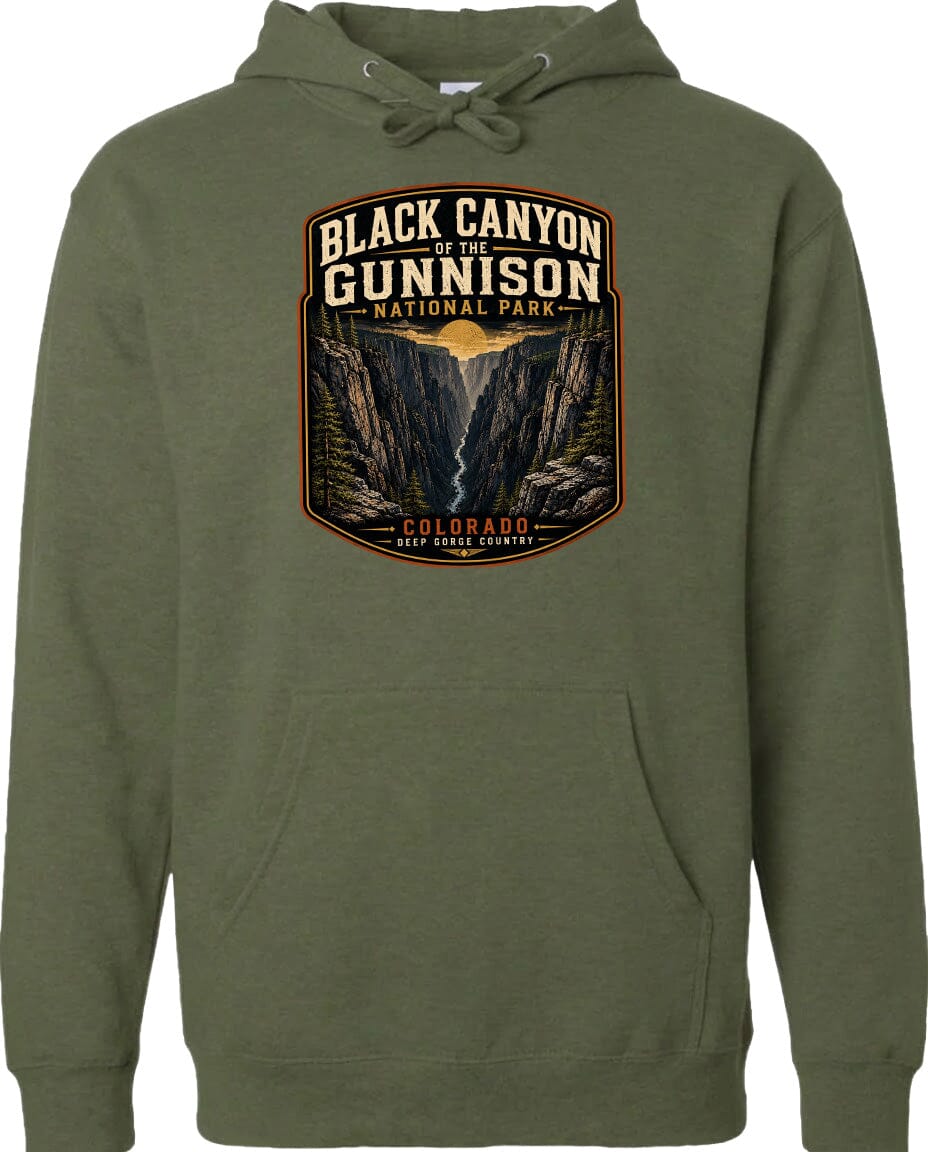 A hoodie with a graphic design depicting the Black Canyon of the Gunnison National Park in Colorado.