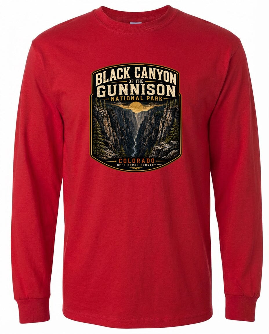 A red long-sleeved t-shirt with a graphic design depicting the Black Canyon of the Gunnison National Park in Colorado.