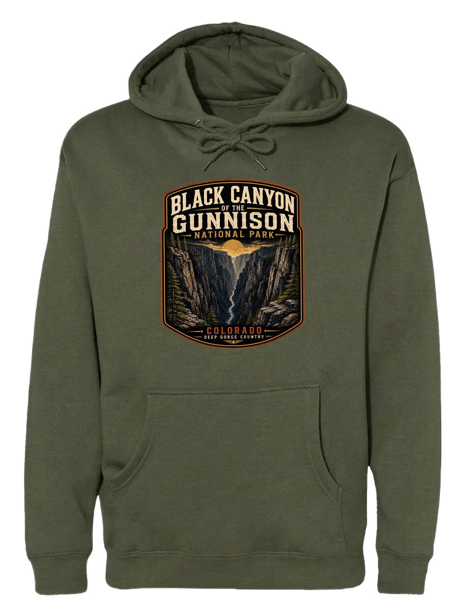 A green hoodie with a graphic design depicting the Black Canyon of the Gunnison National Park in Colorado.