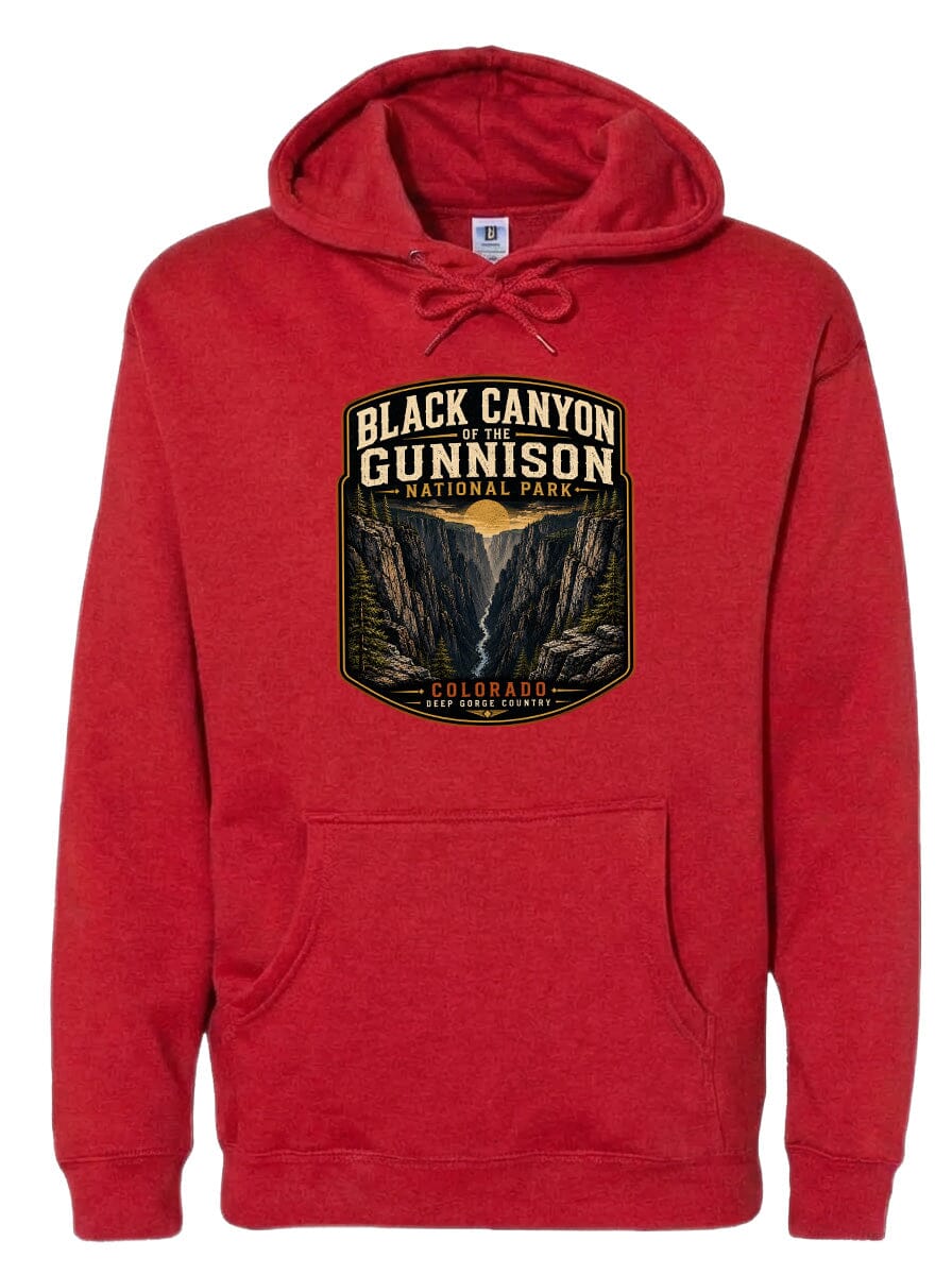 A red hoodie with a graphic design depicting the Black Canyon of the Gunnison National Park in Colorado.