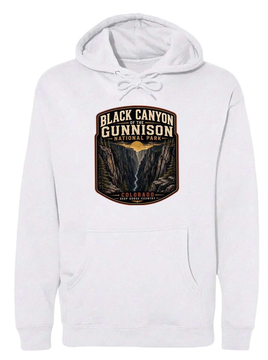 A white hoodie with a graphic design depicting the Black Canyon of the Gunnison National Park in Colorado.
