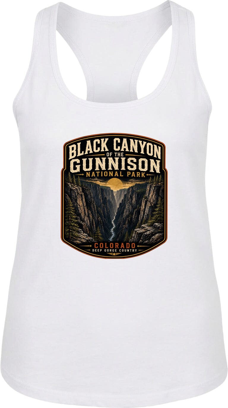A white tank top with a graphic design depicting the Black Canyon of the Gunnison National Park in Colorado.