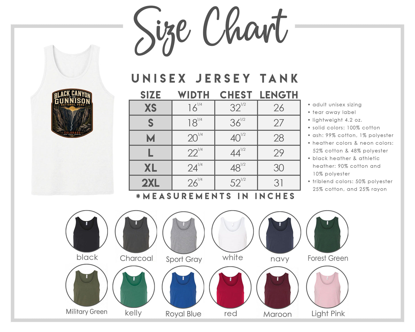 The image is a size chart for a unisex jersey tank, providing measurements for chest length, waist, and hip width. It includes a variety of tank colors and styles, such as black, charcoal, sport gray, navy, forest green, and more.
