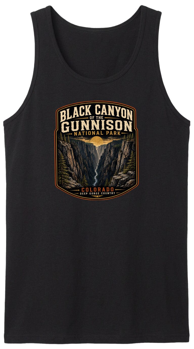 A black tank top with a graphic design depicting the Black Canyon of the Gunnison National Park in Colorado.