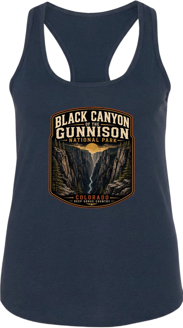 A graphic design on a dark blue tank top featuring a mountain landscape with a river, along with the text "BLACK CANYON OF THE GUNNISON NATIONAL PARK - COLORADO".