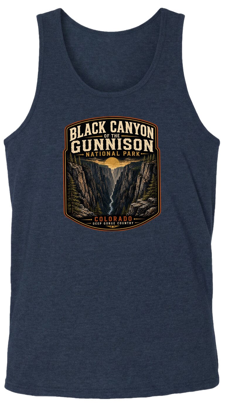 A graphic design on a dark blue tank top featuring a mountain landscape with a valley and a sun in the background.
