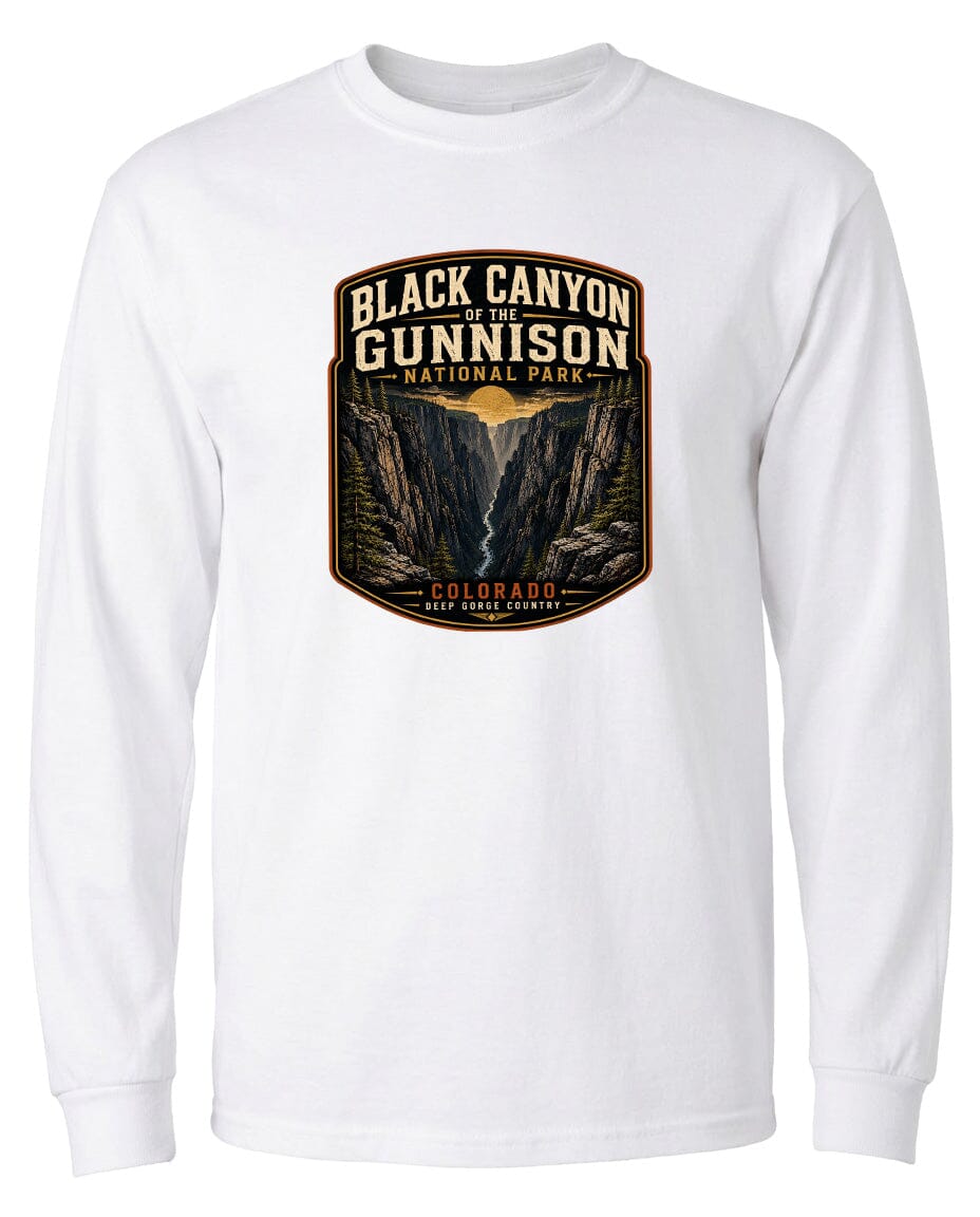 A white long-sleeved t-shirt with a graphic design depicting the Black Canyon of the Gunnison National Park in Colorado.