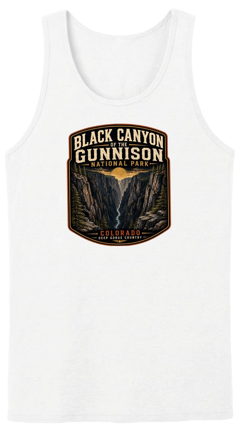 A white tank top with a graphic design depicting the Black Canyon of the Gunnison National Park in Colorado.