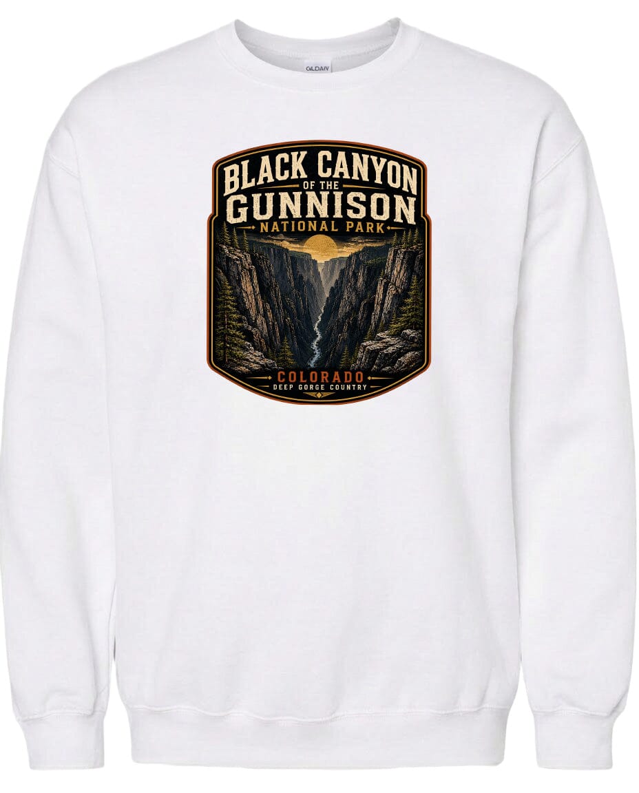 A white sweatshirt with a graphic design depicting the Black Canyon of the Gunnison National Park in Colorado.