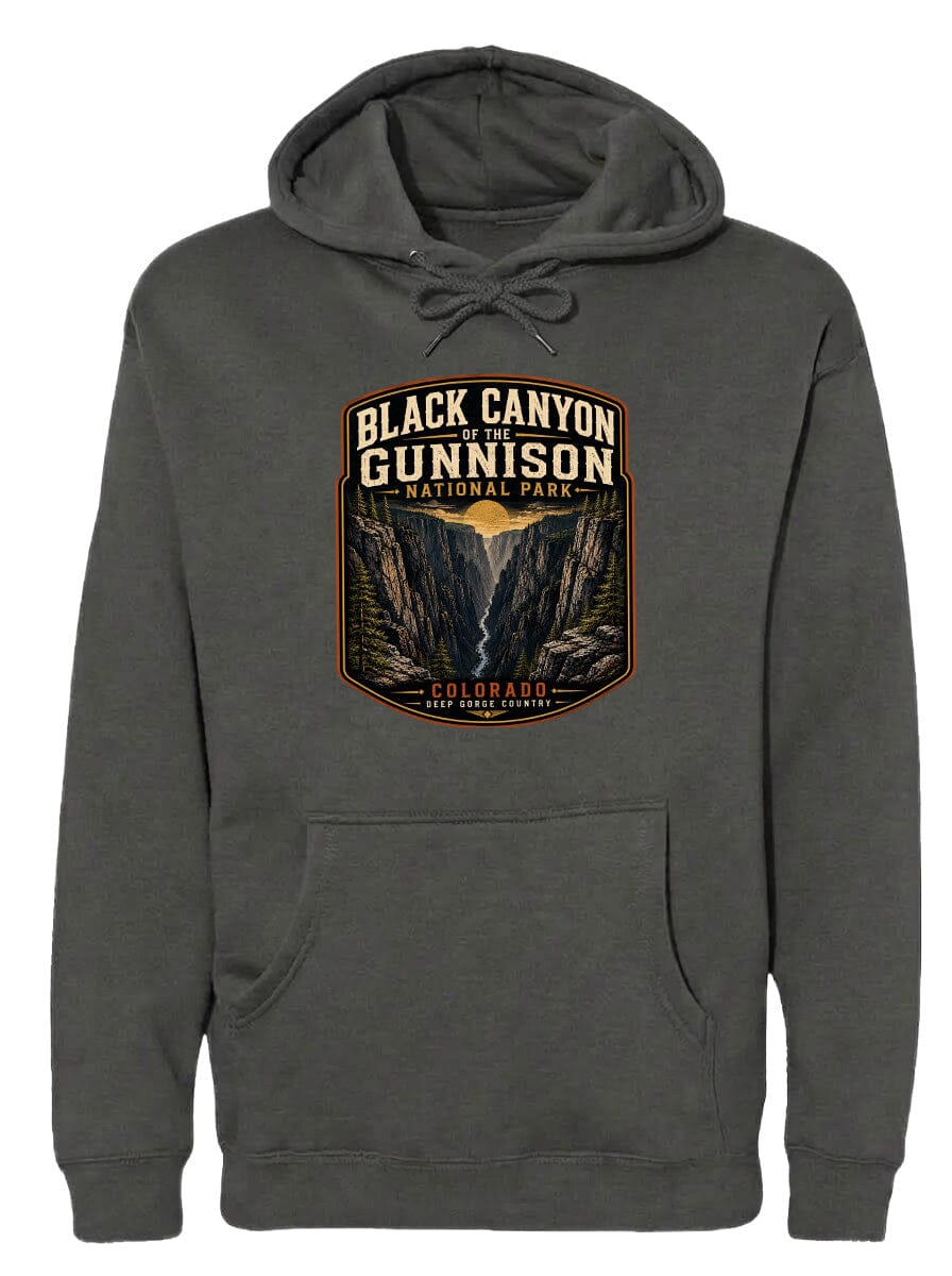 A gray hoodie with a graphic design depicting the Black Canyon of the Gunnison National Park in Colorado.