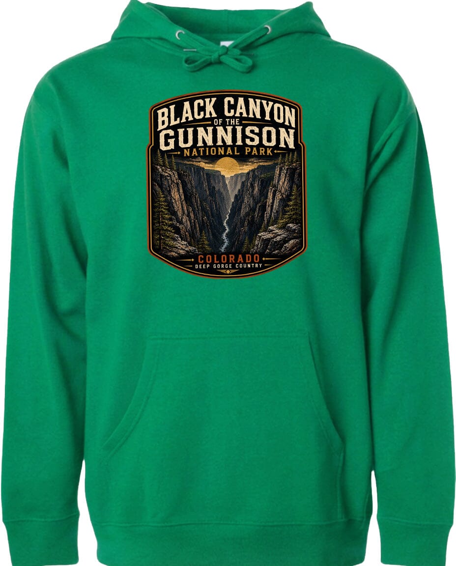 A green hoodie with a graphic design depicting the Black Canyon of the Gunnison National Park in Colorado.